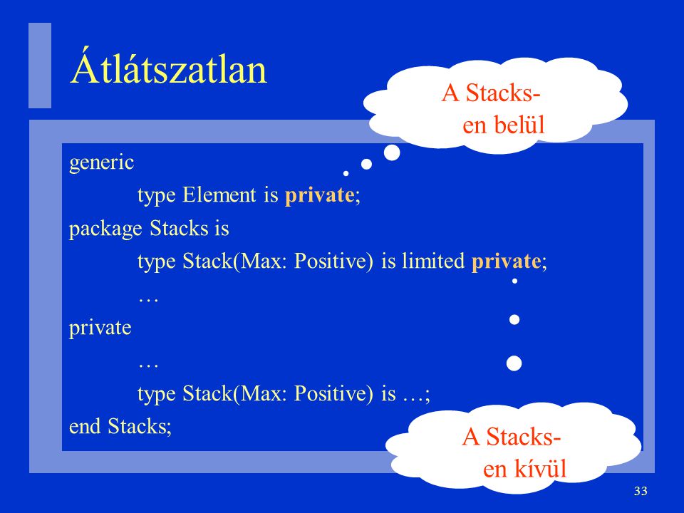 33 Átlátszatlan generic type Element is private; package Stacks is type Stack(Max: Positive) is limited private; … private … type Stack(Max: Positive) is …; end Stacks; A Stacks- en belül A Stacks- en kívül