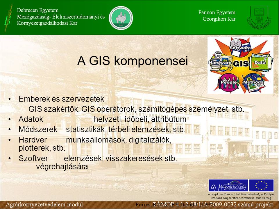 A GIS komponensei Emberek és szervezetek GIS szakértők, GIS operátorok, számítógépes személyzet, stb.