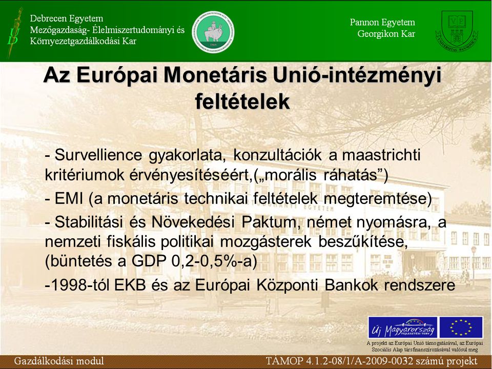 Az Európai Monetáris Unió-intézményi feltételek - Survellience gyakorlata, konzultációk a maastrichti kritériumok érvényesítéséért,(„morális ráhatás ) - EMI (a monetáris technikai feltételek megteremtése) - Stabilitási és Növekedési Paktum, német nyomásra, a nemzeti fiskális politikai mozgásterek beszűkítése, (büntetés a GDP 0,2-0,5%-a) tól EKB és az Európai Központi Bankok rendszere