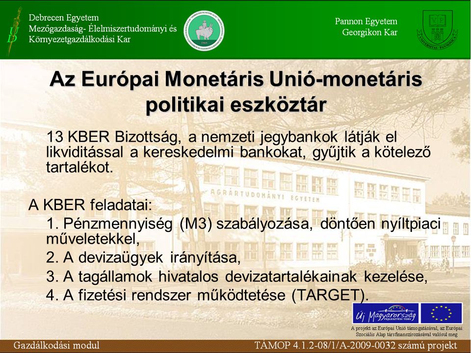 Az Európai Monetáris Unió-monetáris politikai eszköztár 13 KBER Bizottság, a nemzeti jegybankok látják el likviditással a kereskedelmi bankokat, gyűjtik a kötelező tartalékot.