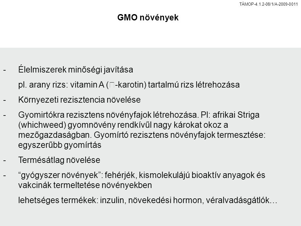 TÁMOP /1/A GMO növények -Élelmiszerek minőségi javítása pl.