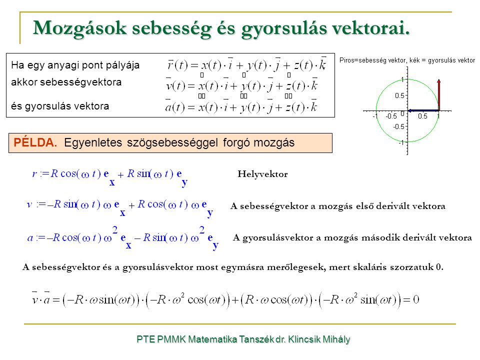 Mozgások sebesség és gyorsulás vektorai. PTE PMMK Matematika Tanszék dr.