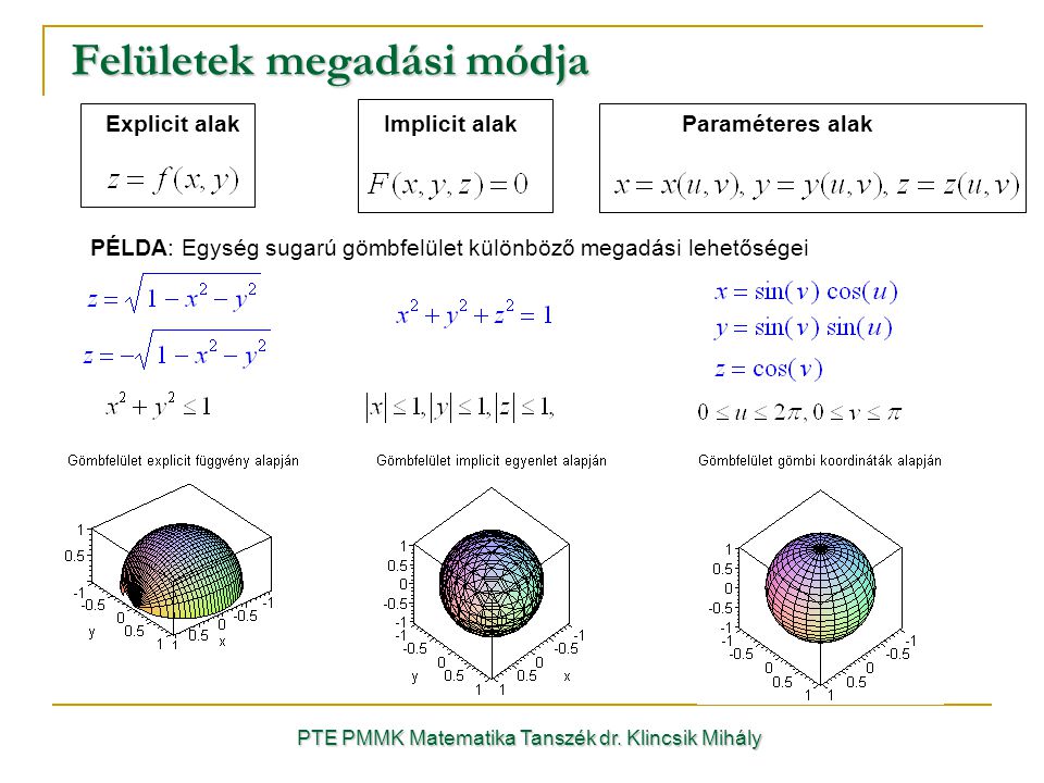 Felületek megadási módja PTE PMMK Matematika Tanszék dr.