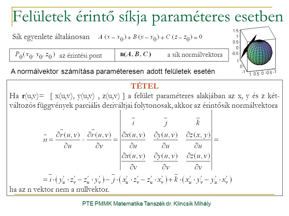 Felületek érintő síkja paraméteres esetben PTE PMMK Matematika Tanszék dr.