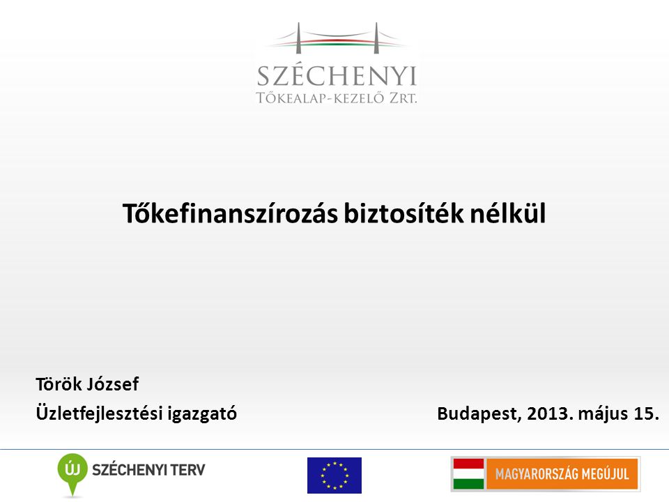 Tőkefinanszírozás biztosíték nélkül Török József Üzletfejlesztési igazgató Budapest, 2013.