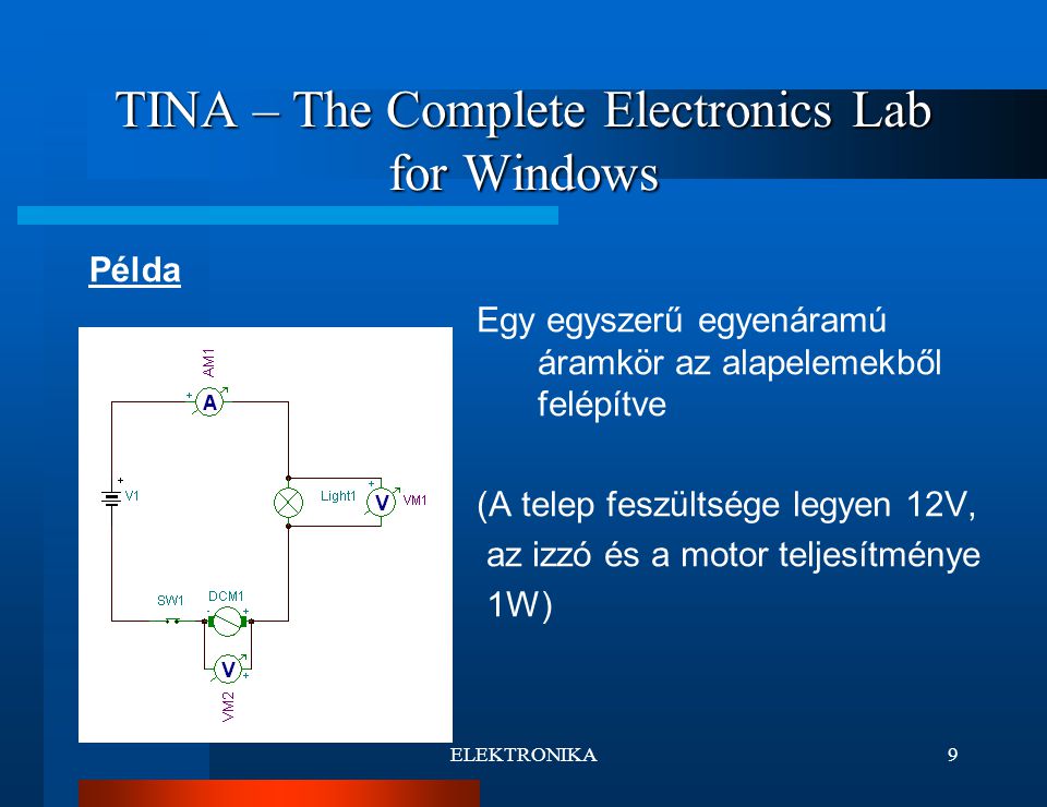 ELEKTRONIKA9 TINA – The Complete Electronics Lab for Windows Egy egyszerű egyenáramú áramkör az alapelemekből felépítve (A telep feszültsége legyen 12V, az izzó és a motor teljesítménye 1W) Példa