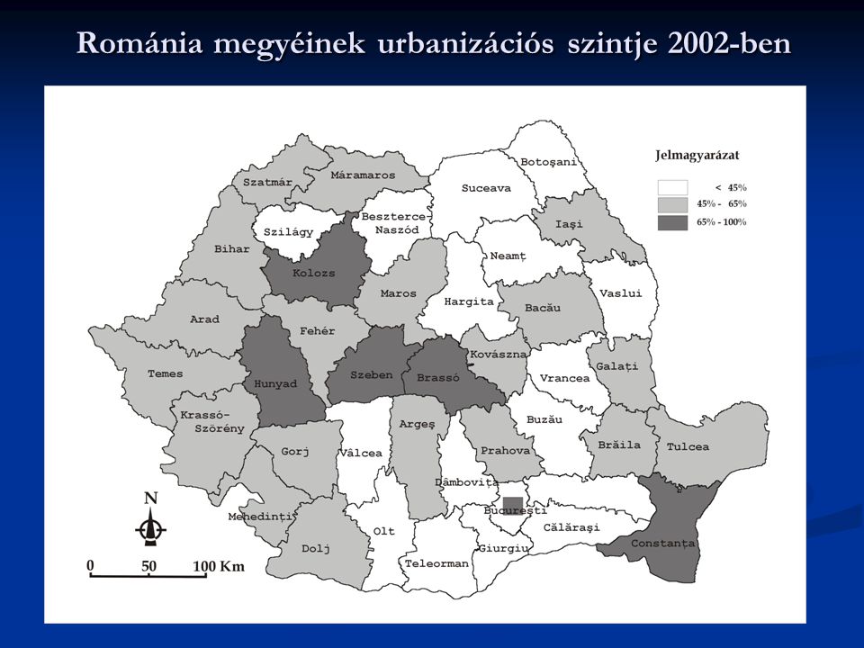 Románia megyéinek urbanizációs szintje 2002-ben