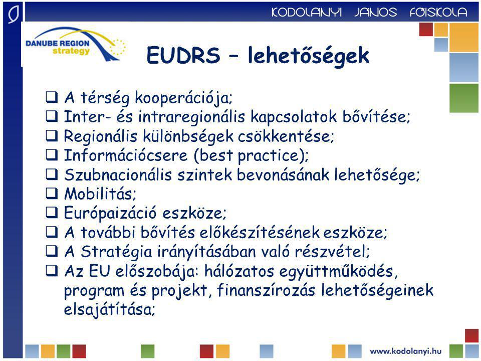 EUDRS – lehetőségek  A térség kooperációja;  Inter- és intraregionális kapcsolatok bővítése;  Regionális különbségek csökkentése;  Információcsere (best practice);  Szubnacionális szintek bevonásának lehetősége;  Mobilitás;  Európaizáció eszköze;  A további bővítés előkészítésének eszköze;  A Stratégia irányításában való részvétel;  Az EU előszobája: hálózatos együttműködés, program és projekt, finanszírozás lehetőségeinek elsajátítása;