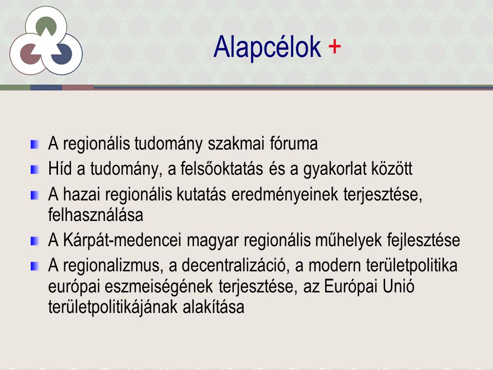 Alapcélok + A regionális tudomány szakmai fóruma Híd a tudomány, a felsőoktatás és a gyakorlat között A hazai regionális kutatás eredményeinek terjesztése, felhasználása A Kárpát-medencei magyar regionális műhelyek fejlesztése A regionalizmus, a decentralizáció, a modern területpolitika európai eszmeiségének terjesztése, az Európai Unió területpolitikájának alakítása