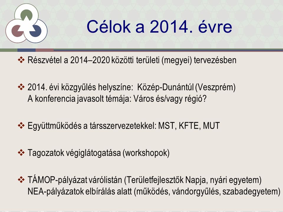 Célok a évre  Részvétel a 2014–2020 közötti területi (megyei) tervezésben 