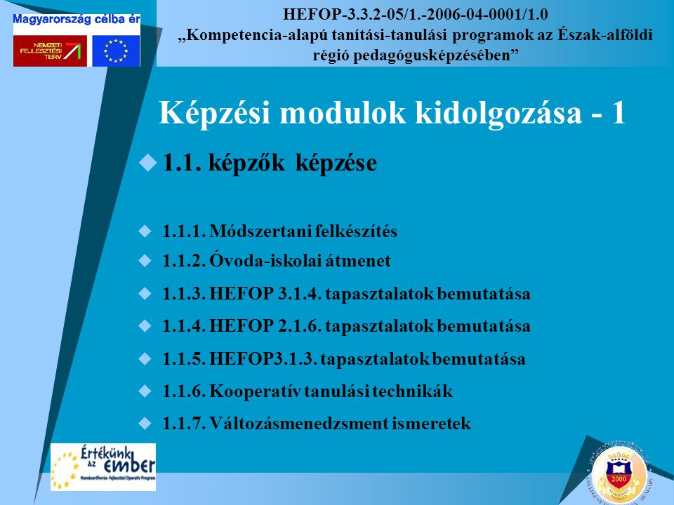 HEFOP / /1.0 „Kompetencia-alapú tanítási-tanulási programok az Észak-alföldi régió pedagógusképzésében Képzési modulok kidolgozása - 1  1.1.