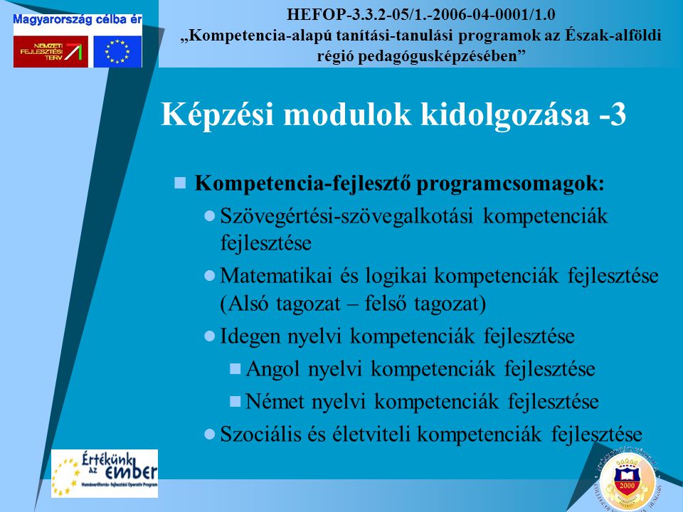 HEFOP / /1.0 „Kompetencia-alapú tanítási-tanulási programok az Észak-alföldi régió pedagógusképzésében Képzési modulok kidolgozása -3 Kompetencia-fejlesztő programcsomagok: Szövegértési-szövegalkotási kompetenciák fejlesztése Matematikai és logikai kompetenciák fejlesztése (Alsó tagozat – felső tagozat) Idegen nyelvi kompetenciák fejlesztése Angol nyelvi kompetenciák fejlesztése Német nyelvi kompetenciák fejlesztése Szociális és életviteli kompetenciák fejlesztése