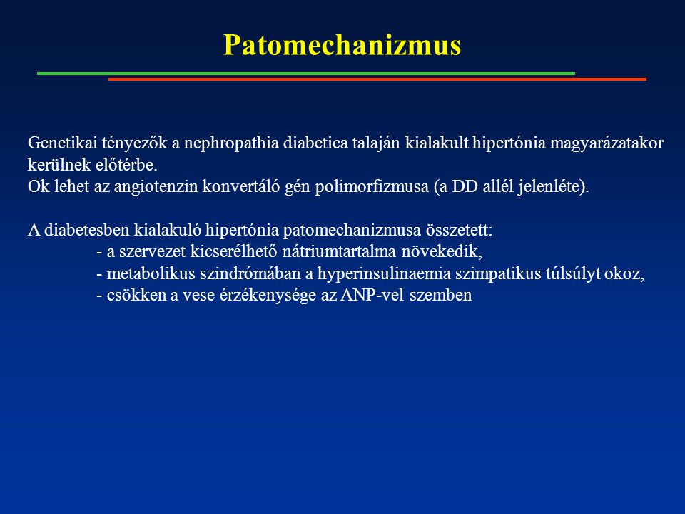 Patomechanizmus Genetikai tényezők a nephropathia diabetica talaján kialakult hipertónia magyarázatakor kerülnek előtérbe.