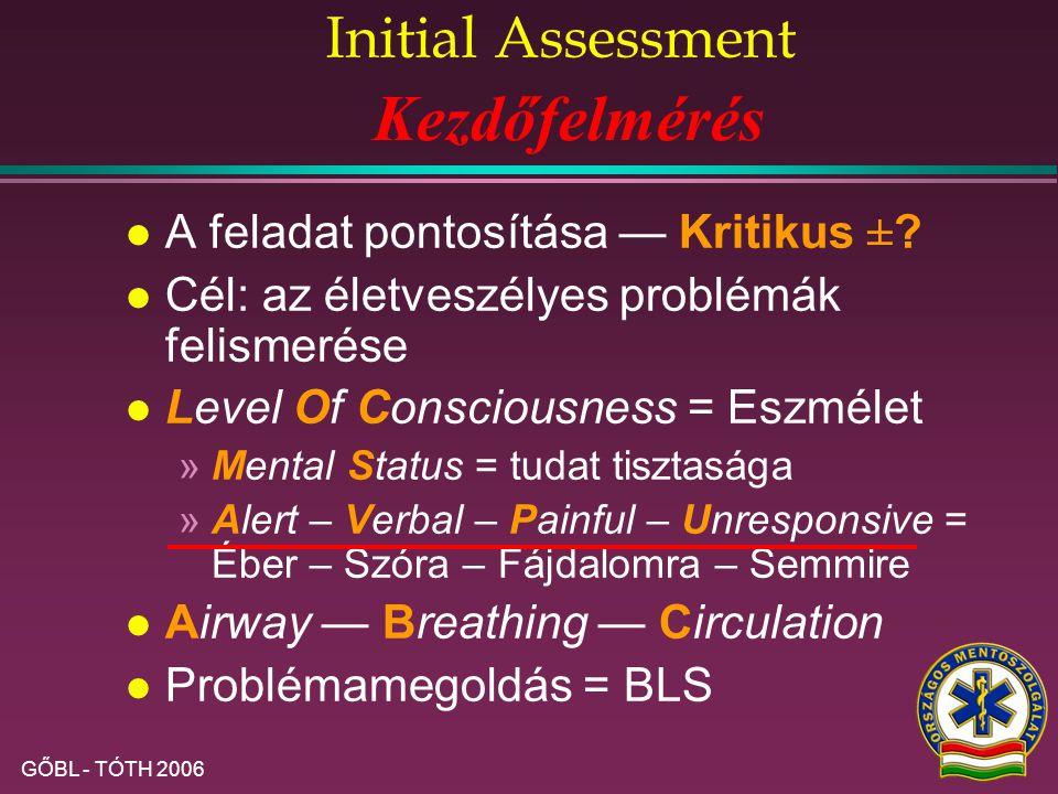 GŐBL - TÓTH 2006 Initial Assessment l A feladat pontosítása — Kritikus ± ±.