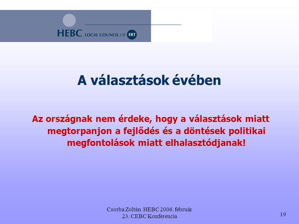 Csorba Zoltán HEBC február 23. CEBC Konferencia 18 Kritikus tényező Az IDŐ.