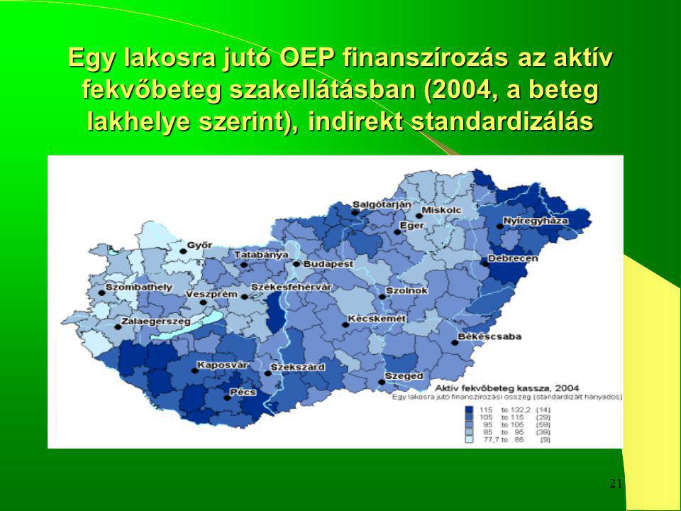 21 Egy lakosra jutó OEP finanszírozás az aktív fekvőbeteg szakellátásban (2004, a beteg lakhelye szerint), indirekt standardizálás