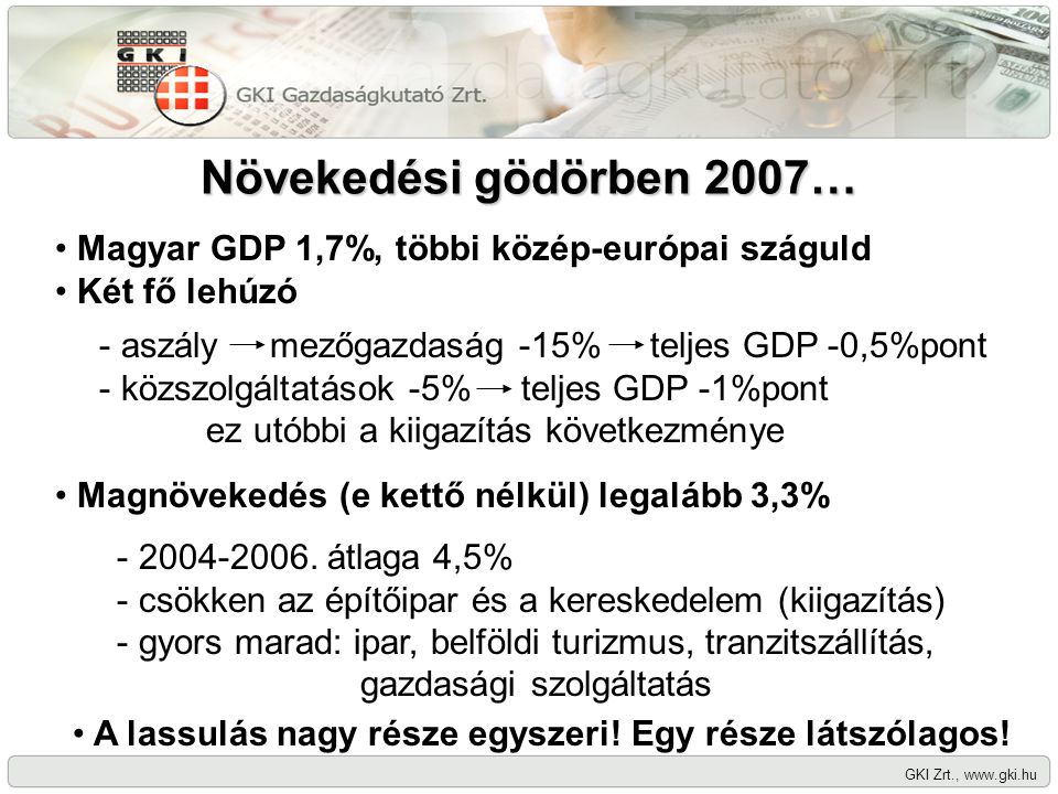 Növekedési gödörben 2007… GKI Zrt.,   Magyar GDP 1,7%, többi közép-európai száguld Két fő lehúzó - aszály mezőgazdaság -15% teljes GDP -0,5%pont - közszolgáltatások -5% teljes GDP -1%pont ez utóbbi a kiigazítás következménye Magnövekedés (e kettő nélkül) legalább 3,3%