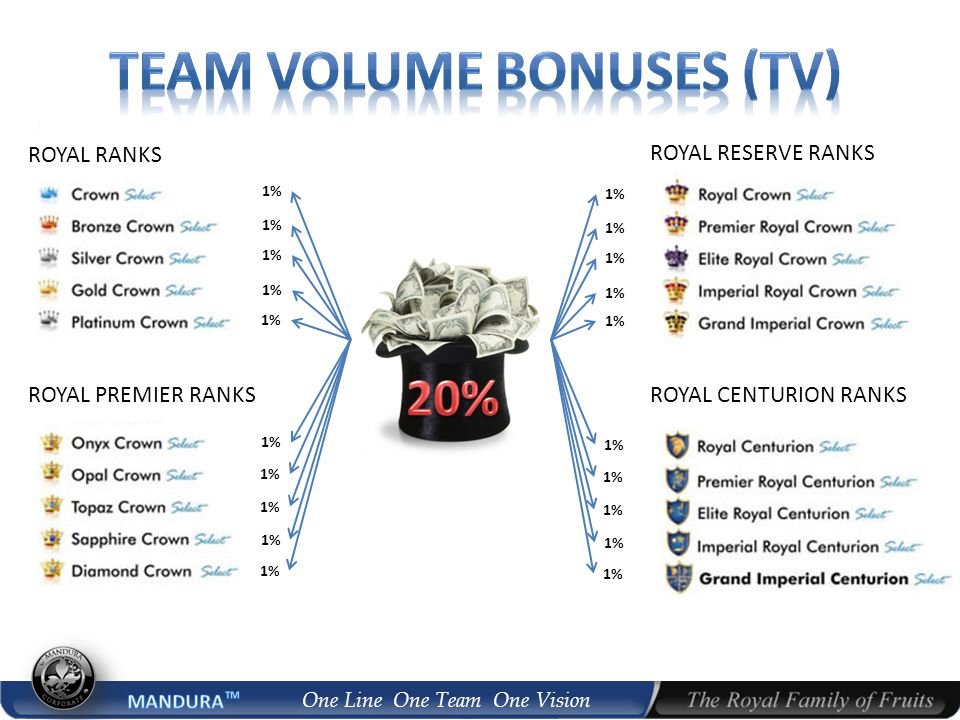 One Line One Team One Vision 1% ROYAL RANKS ROYAL PREMIER RANKS 1% ROYAL RESERVE RANKS ROYAL CENTURION RANKS