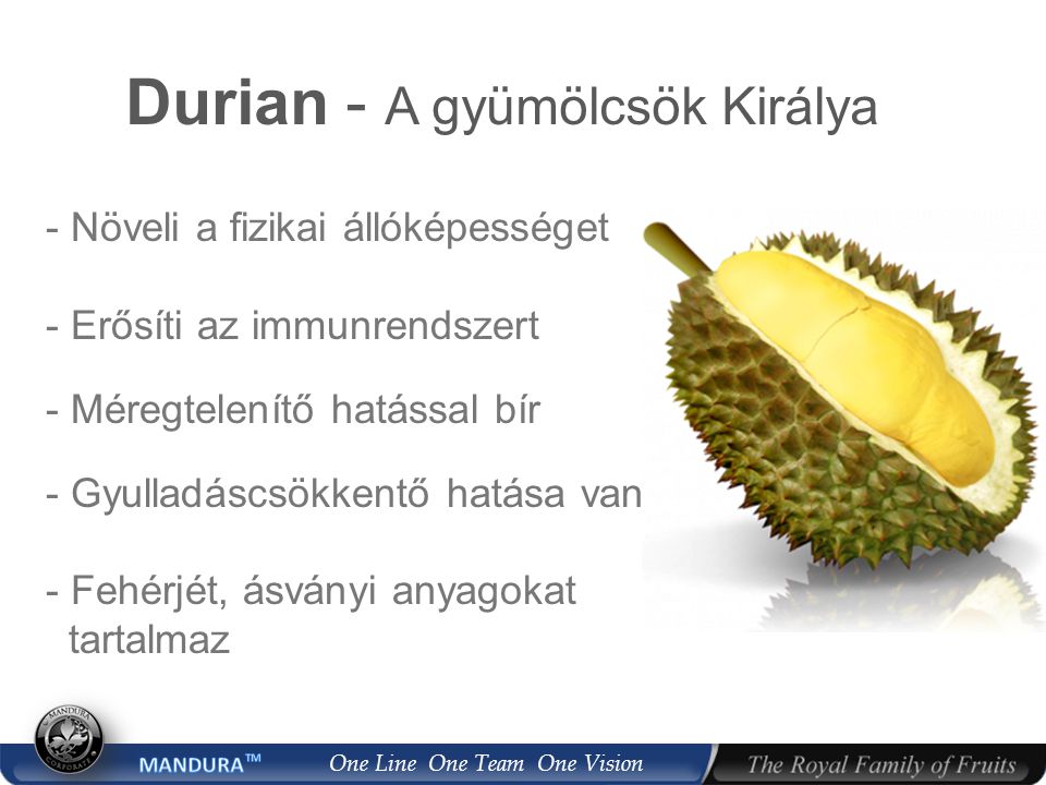 One Line One Team One Vision Durian - A gyümölcsök Királya - Növeli a fizikai állóképességet - Erősíti az immunrendszert - Méregtelenítő hatással bír - Gyulladáscsökkentő hatása van - Fehérjét, ásványi anyagokat tartalmaz