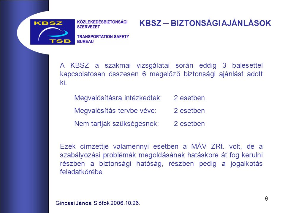 9 A KBSZ a szakmai vizsgálatai során eddig 3 balesettel kapcsolatosan összesen 6 megelőző biztonsági ajánlást adott ki.