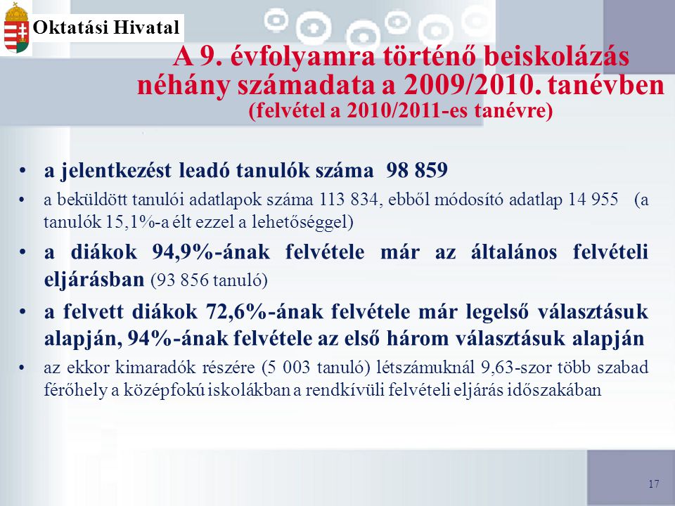 17 A 9. évfolyamra történő beiskolázás néhány számadata a 2009/2010.