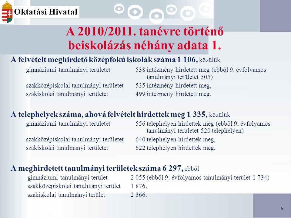 6 A 2010/2011. tanévre történő beiskolázás néhány adata 1.