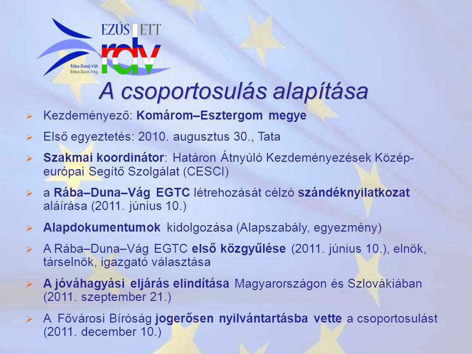A csoportosulás alapítása  Kezdeményező: Komárom–Esztergom megye  Első egyeztetés: 2010.