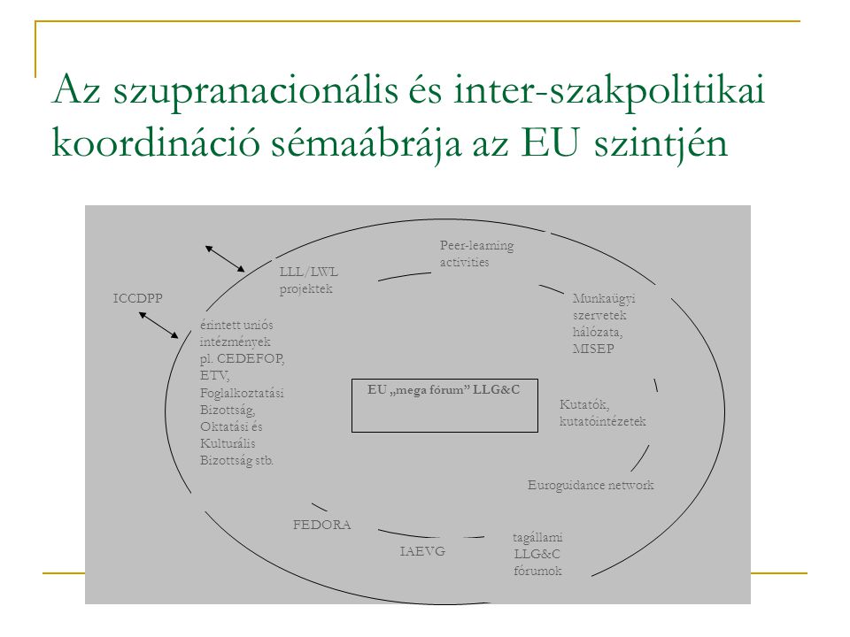 Az szupranacionális és inter-szakpolitikai koordináció sémaábrája az EU szintjén ICCDPP FEDORA IAEVG Peer-learning activities Euroguidance network Kutatók, kutatóintézetek LLL/LWL projektek érintett uniós intézmények pl.