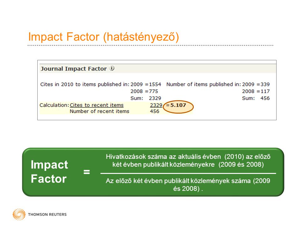 Impact Factor (hatástényező) Hivatkozások száma az aktuális évben (2010) az előző két évben publikált közleményekre (2009 és 2008) Az előző két évben publikált közlemények száma (2009 és 2008).