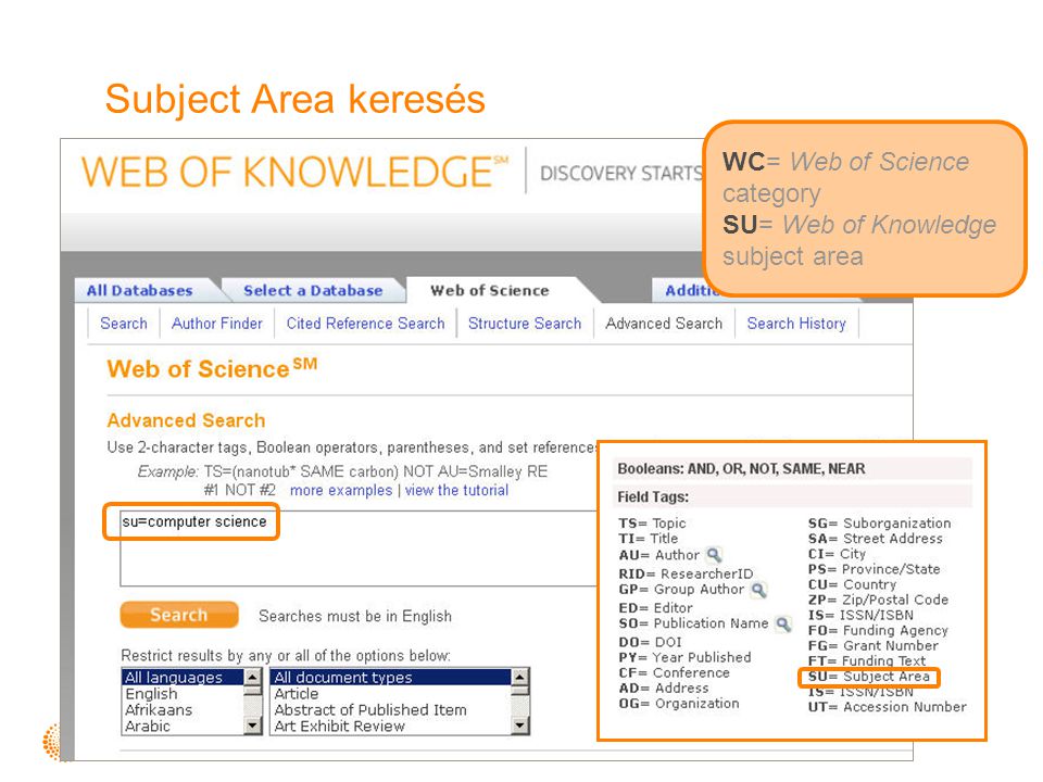 Subject Area keresés WC= Web of Science category SU= Web of Knowledge subject area