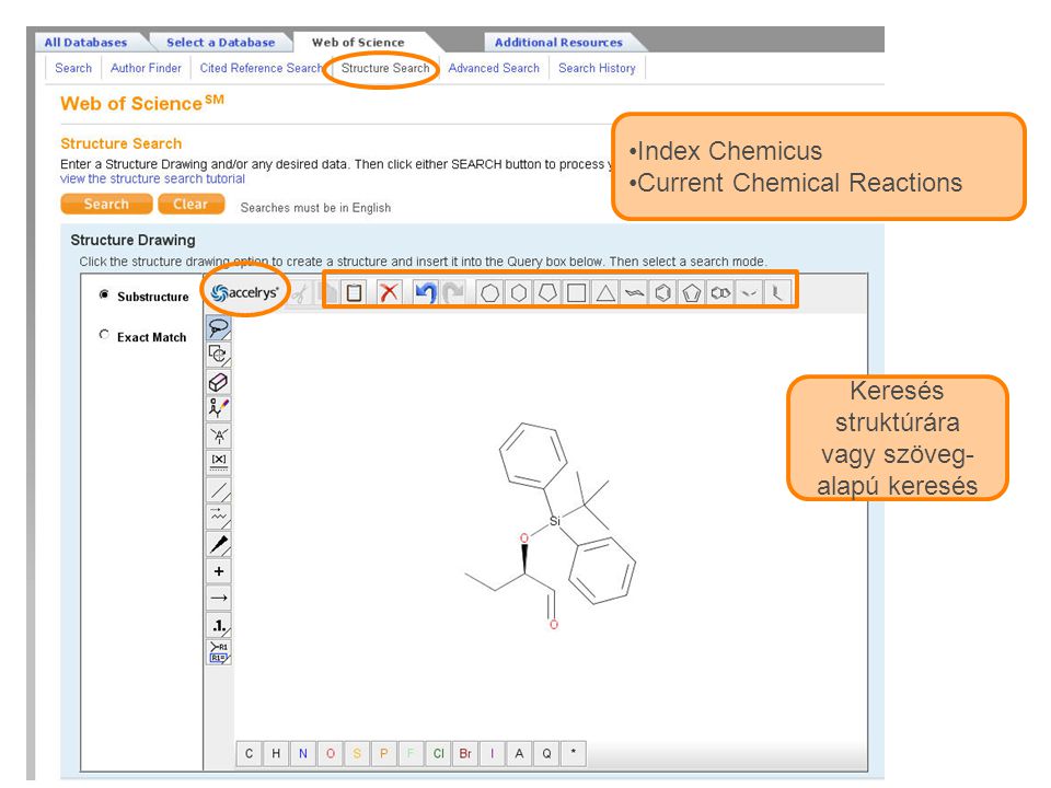 Chemistry Searching Keresés struktúrára vagy szöveg- alapú keresés Index Chemicus Current Chemical Reactions