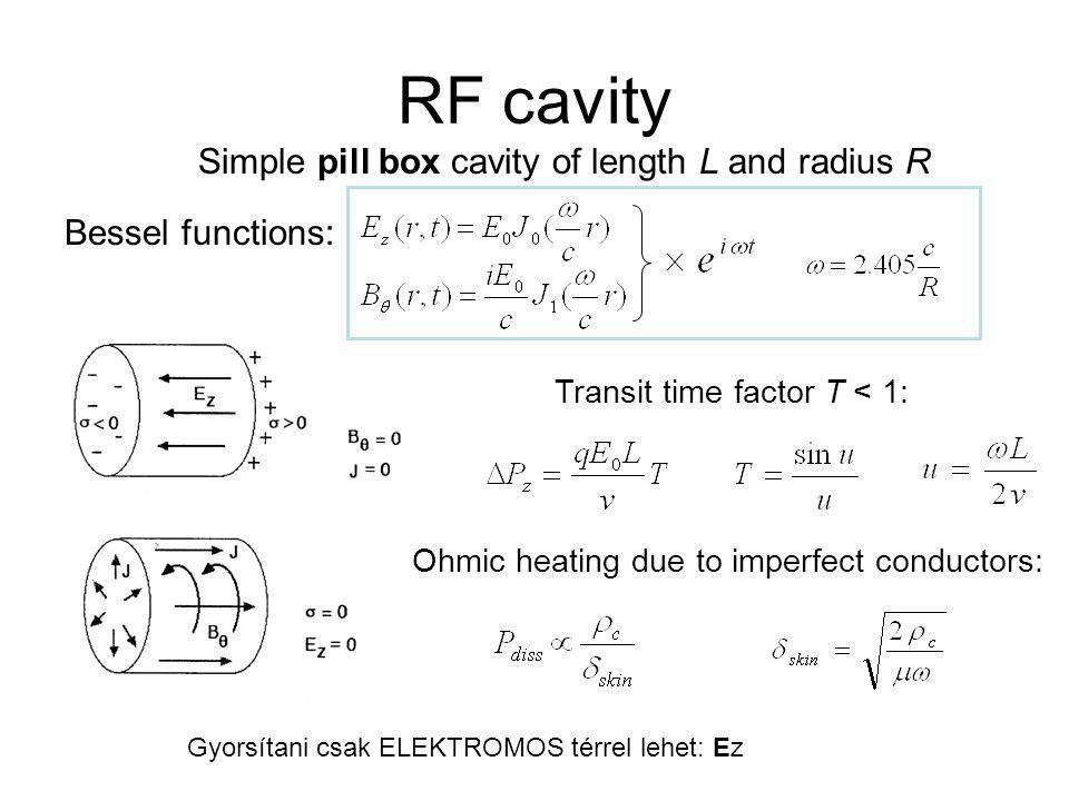 RF cavity Simple pill box cavity of length L and radius R Bessel functions: Transit time factor T < 1: Ohmic heating due to imperfect conductors: Gyorsítani csak ELEKTROMOS térrel lehet: Ez