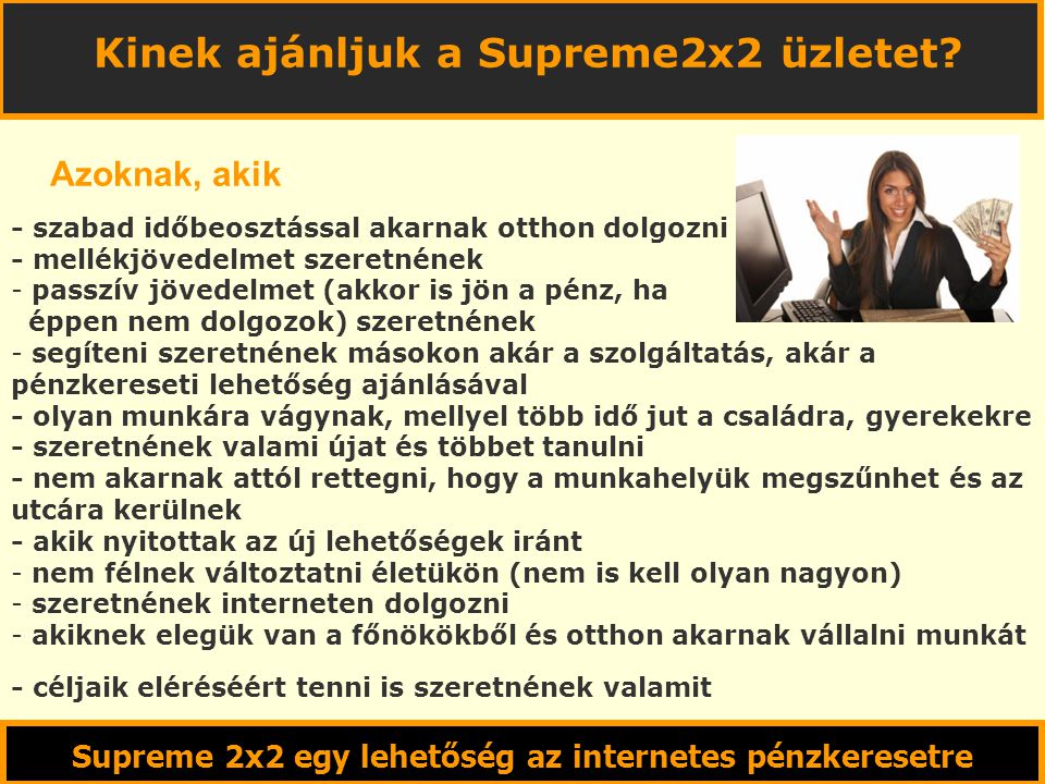 Supreme 2x2 egy lehetőség az internetes pénzkeresetre Kinek ajánljuk a Supreme2x2 üzletet.