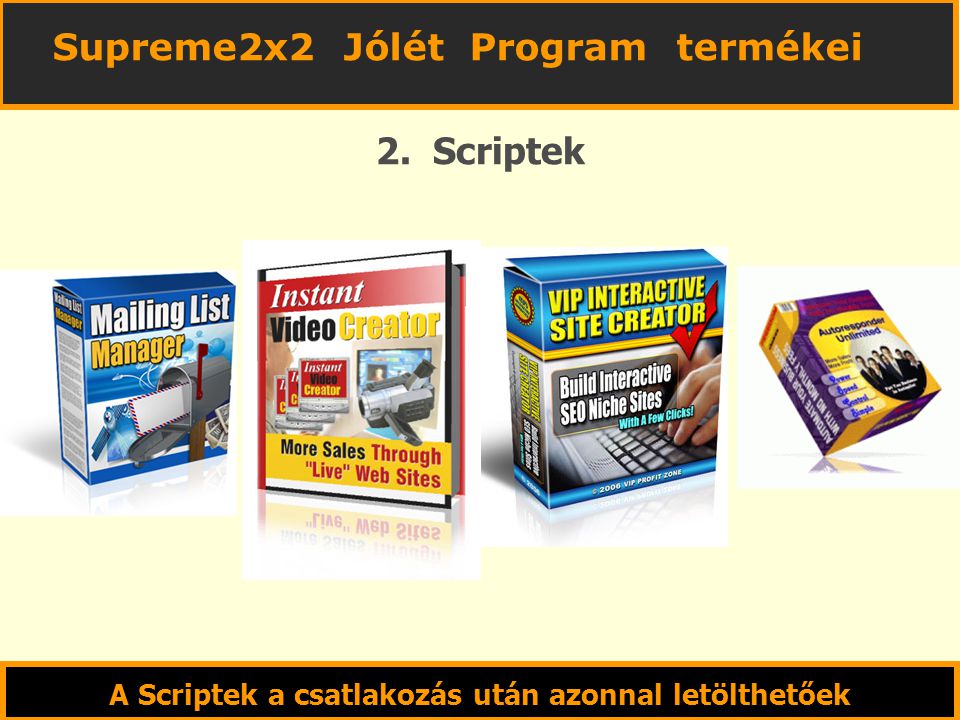 A Scriptek a csatlakozás után azonnal letölthetőek 2. Scriptek Supreme2x2 Jólét Program termékei