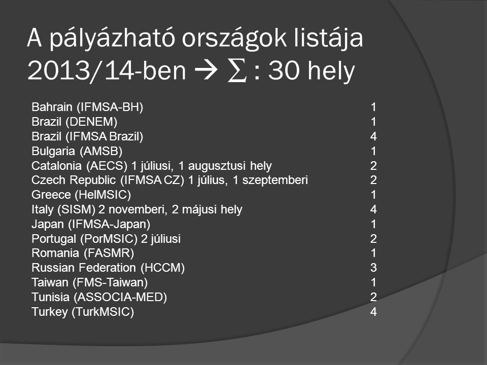 A pályázható országok listája 2013/14-ben  ∑ : 30 hely Bahrain (IFMSA-BH) 1 Brazil (DENEM) 1 Brazil (IFMSA Brazil) 4 Bulgaria (AMSB)1 Catalonia (AECS) 1 júliusi, 1 augusztusi hely 2 Czech Republic (IFMSA CZ) 1 július, 1 szeptemberi 2 Greece (HelMSIC) 1 Italy (SISM) 2 novemberi, 2 májusi hely 4 Japan (IFMSA-Japan) 1 Portugal (PorMSIC) 2 júliusi 2 Romania (FASMR) 1 Russian Federation (HCCM) 3 Taiwan (FMS-Taiwan) 1 Tunisia (ASSOCIA-MED) 2 Turkey (TurkMSIC) 4