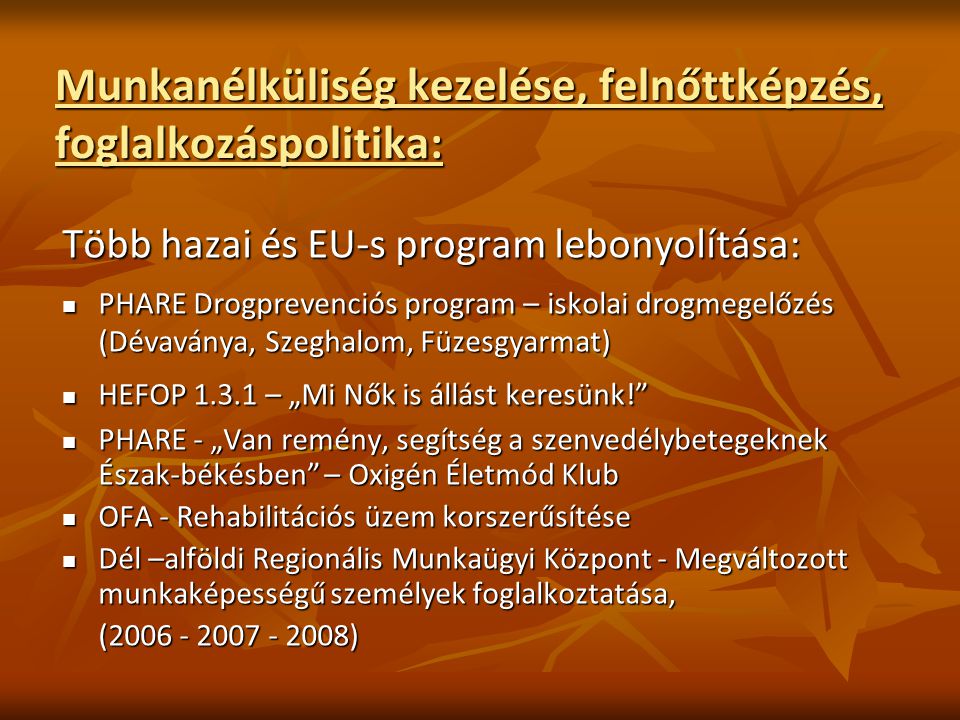 Munkanélküliség kezelése, felnőttképzés, foglalkozáspolitika: Több hazai és EU-s program lebonyolítása: PHARE Drogprevenciós program – iskolai drogmegelőzés (Dévaványa, Szeghalom, Füzesgyarmat) PHARE Drogprevenciós program – iskolai drogmegelőzés (Dévaványa, Szeghalom, Füzesgyarmat) HEFOP – „Mi Nők is állást keresünk! HEFOP – „Mi Nők is állást keresünk! PHARE - „Van remény, segítség a szenvedélybetegeknek Észak-békésben – Oxigén Életmód Klub PHARE - „Van remény, segítség a szenvedélybetegeknek Észak-békésben – Oxigén Életmód Klub OFA - Rehabilitációs üzem korszerűsítése OFA - Rehabilitációs üzem korszerűsítése Dél –alföldi Regionális Munkaügyi Központ - Megváltozott munkaképességű személyek foglalkoztatása, Dél –alföldi Regionális Munkaügyi Központ - Megváltozott munkaképességű személyek foglalkoztatása, ( )