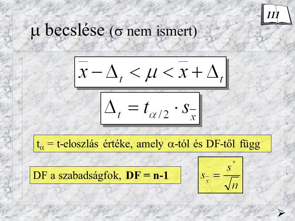  becslése (  nem ismert) t  = t-eloszlás értéke, amely  -tól és DF-től függ  DF a szabadságfok, DF = n-1 111