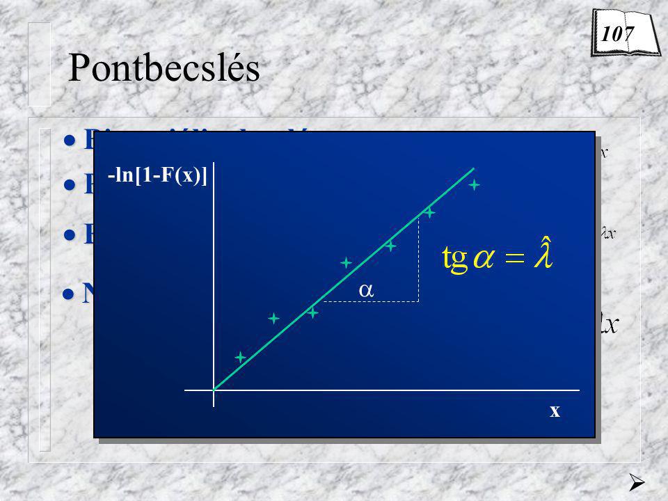Pontbecslés  Binomiális eloszlás  Poisson-eloszlás  Exponenciális eloszlás  Normális eloszlás lásd a következő oldalon  -ln[1-F(x)] x  107