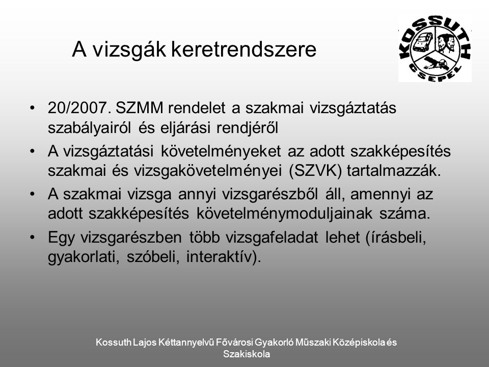 Kossuth Lajos Kéttannyelvű Fővárosi Gyakorló Műszaki Középiskola és Szakiskola A vizsgák keretrendszere 20/2007.