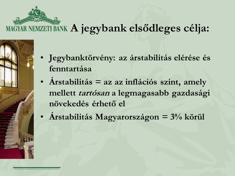 A jegybank elsődleges célja: Jegybanktörvény: az árstabilitás elérése és fenntartása Árstabilitás = az az inflációs szint, amely mellett tartósan a legmagasabb gazdasági növekedés érhető el Árstabilitás Magyarországon = 3% körül