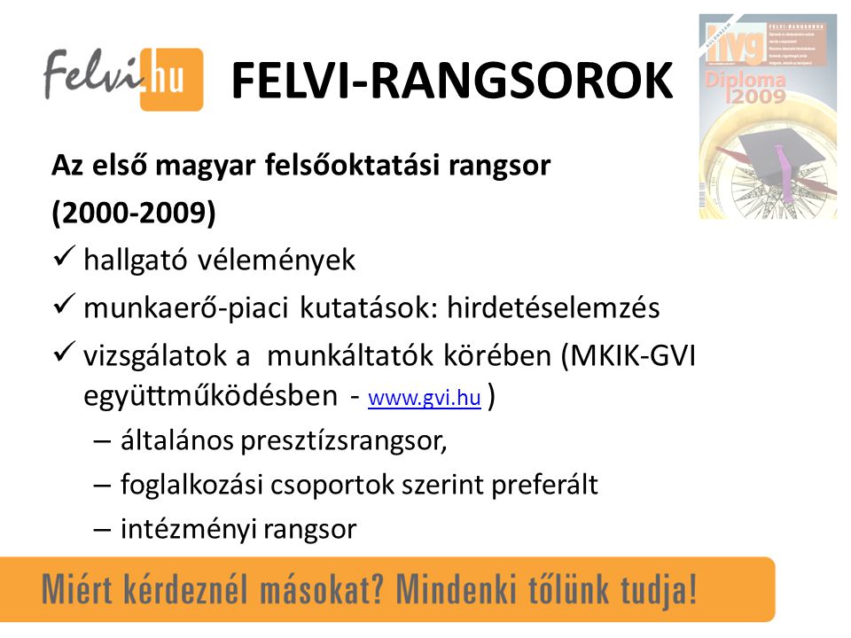 FELVI-RANGSOROK Az első magyar felsőoktatási rangsor ( ) hallgató vélemények munkaerő-piaci kutatások: hirdetéselemzés vizsgálatok a munkáltatók körében (MKIK-GVI együttműködésben -   )   – általános presztízsrangsor, – foglalkozási csoportok szerint preferált – intézményi rangsor
