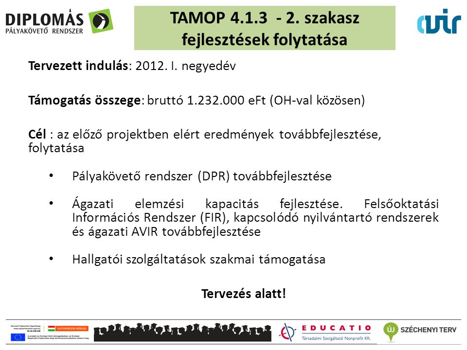 TAMOP szakasz fejlesztések folytatása Tervezett indulás: