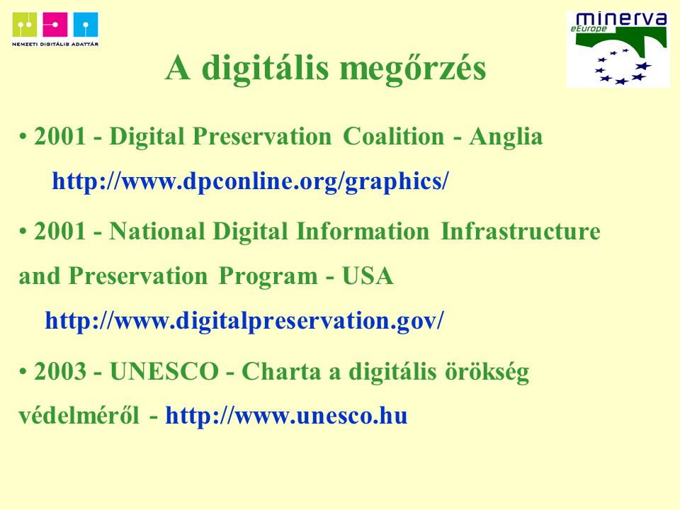 A digitális megőrzés Digital Preservation Coalition - Anglia National Digital Information Infrastructure and Preservation Program - USA UNESCO - Charta a digitális örökség védelméről -