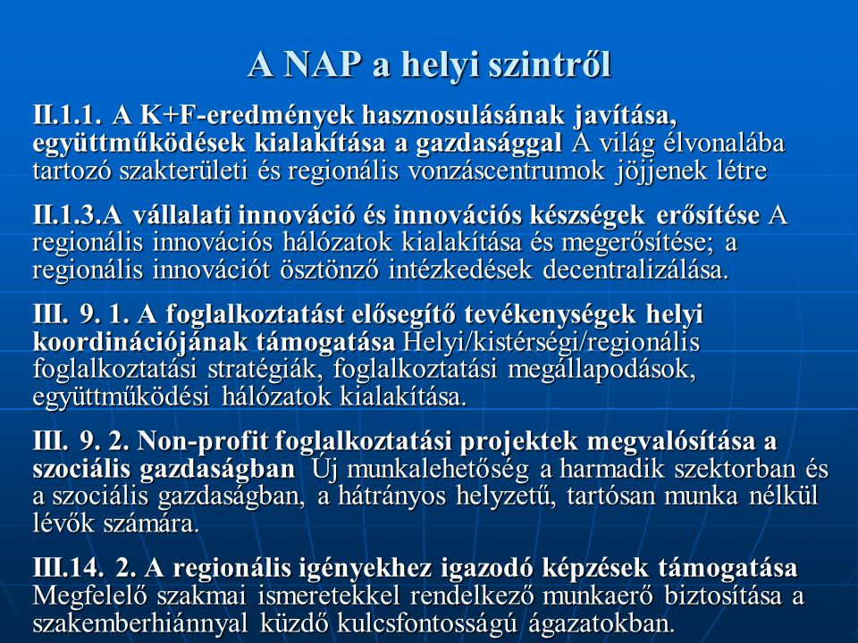 A NAP a helyi szintről II.1.1.