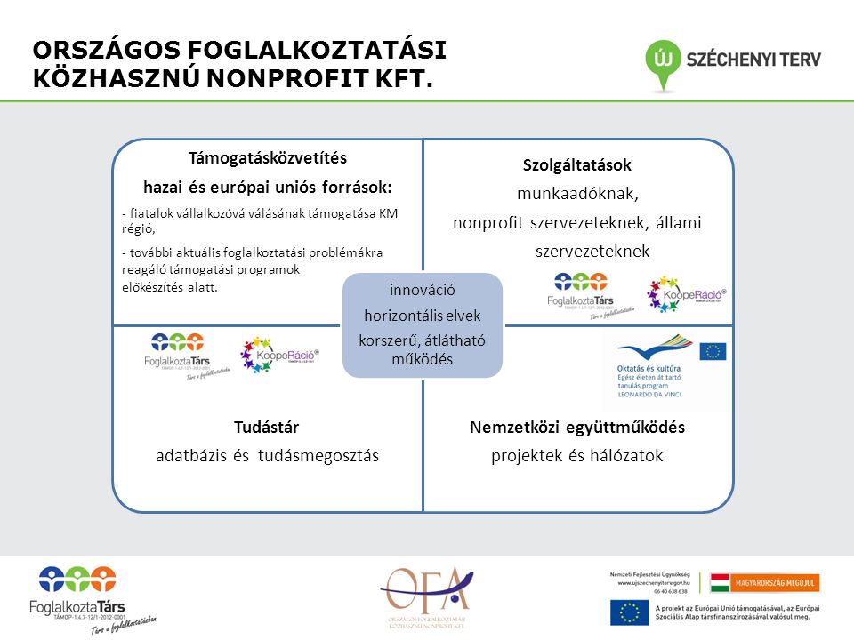 Támogatásközvetítés hazai és európai uniós források: - fiatalok vállalkozóvá válásának támogatása KM régió, - további aktuális foglalkoztatási problémákra reagáló támogatási programok előkészítés alatt.