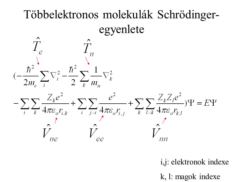 Többelektronos molekulák Schrödinger- egyenlete i,j: elektronok indexe k, l: magok indexe