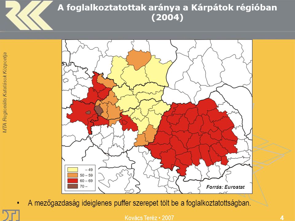 MTA Regionális Kutatások Központja Kovács Teréz A foglalkoztatottak aránya a Kárpátok régióban (2004) A mezőgazdaság ideiglenes puffer szerepet tölt be a foglalkoztatottságban.