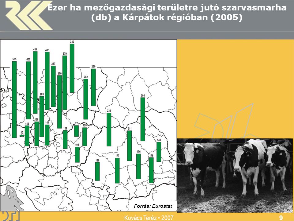 MTA Regionális Kutatások Központja Kovács Teréz Ezer ha mezőgazdasági területre jutó szarvasmarha (db) a Kárpátok régióban (2005) Forrás: Eurostat