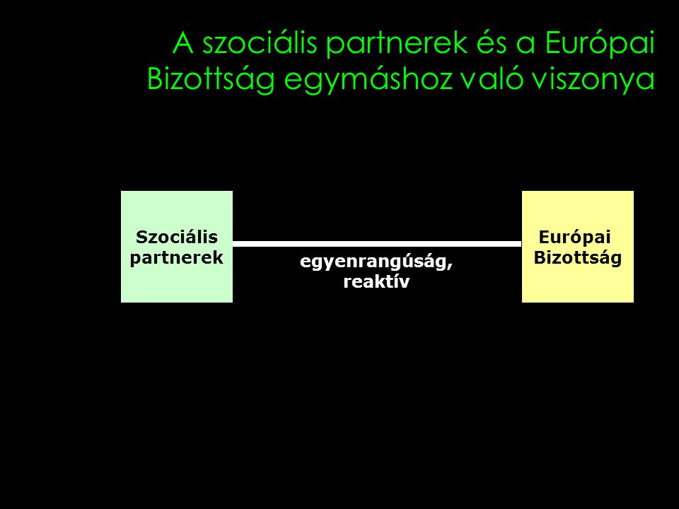 12 A szociális partnerek és a Európai Bizottság egymáshoz való viszonya Szociális partnerek Európai Bizottság egyenrangúság, reaktív