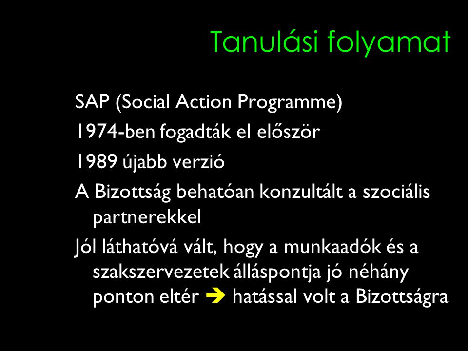 12 Tanulási folyamat SAP (Social Action Programme) 1974-ben fogadták el először 1989 újabb verzió A Bizottság behatóan konzultált a szociális partnerekkel Jól láthatóvá vált, hogy a munkaadók és a szakszervezetek álláspontja jó néhány ponton eltér  hatással volt a Bizottságra